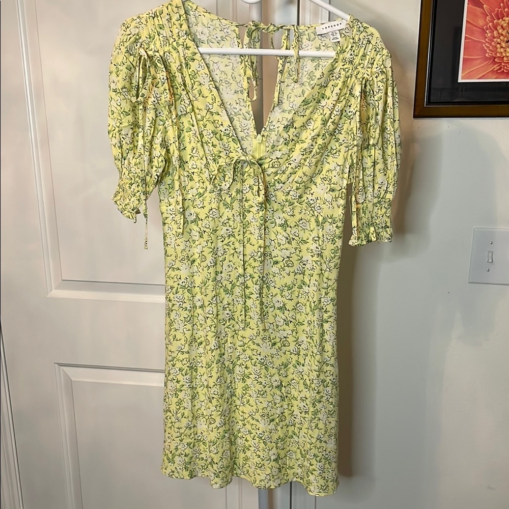 Topshop Yellow Floral Ruched Puff Sleeve Sundress